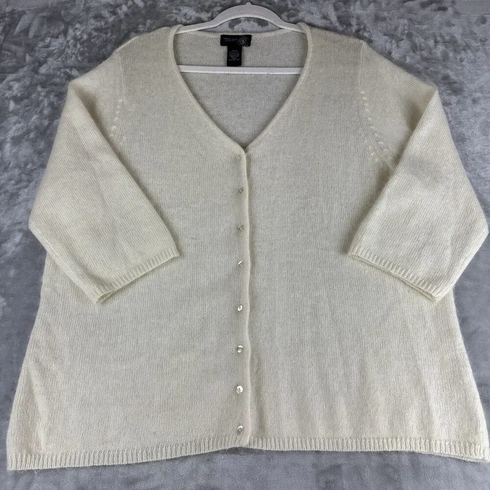 Venezia Jeans‎ Angora Blend Cardigan Women's 18/20 Ivory White 3/4 Sleeve (0970)
